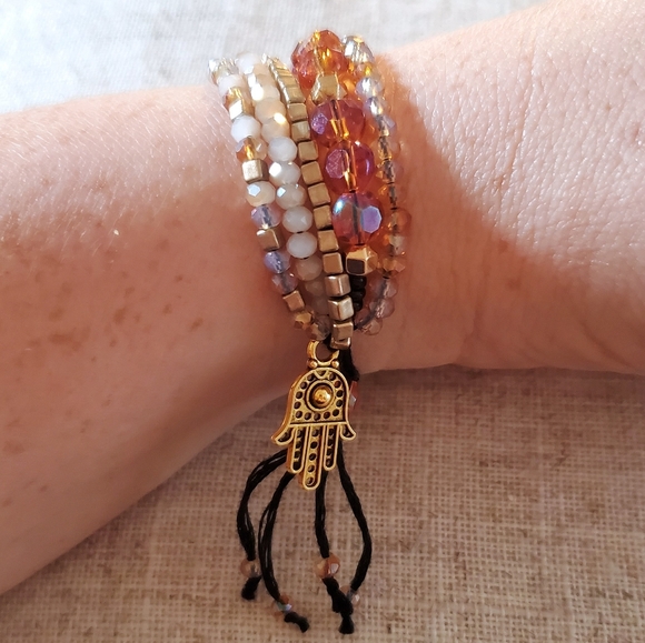 Five Strand Lux Beaded Friendship Bracelet Adjustable - Golds / Oranges - Picture 4 of 5